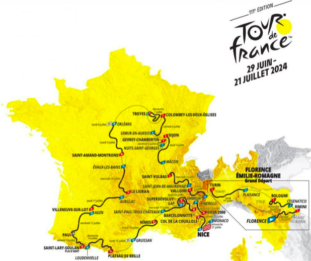 Tour de France 2024 parcours et étapes 29 juin au 21 juillet de Florence à Nice