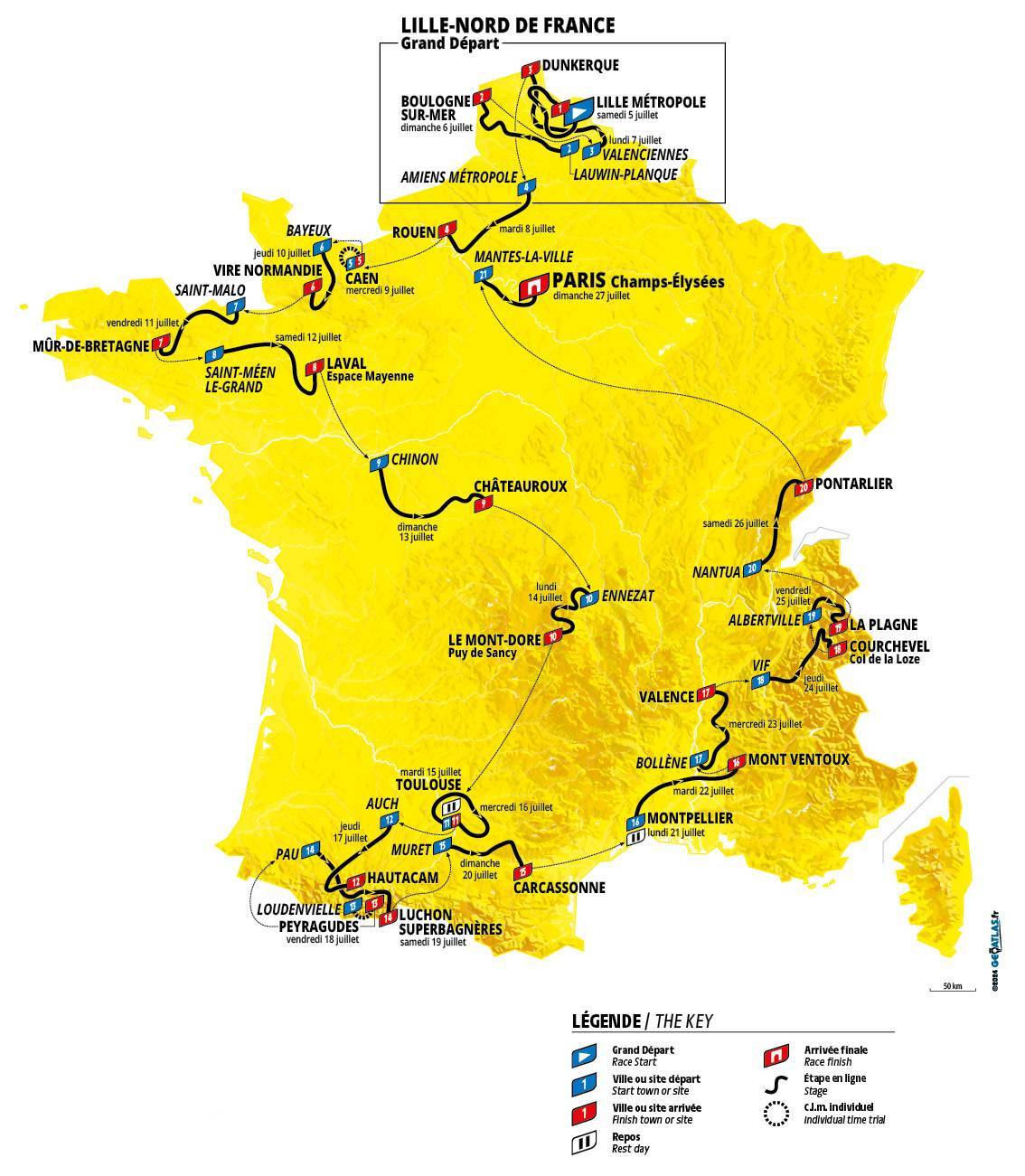 Tour de France 2025 parcours et étapes du 5 juillet au 27 juillet 2025