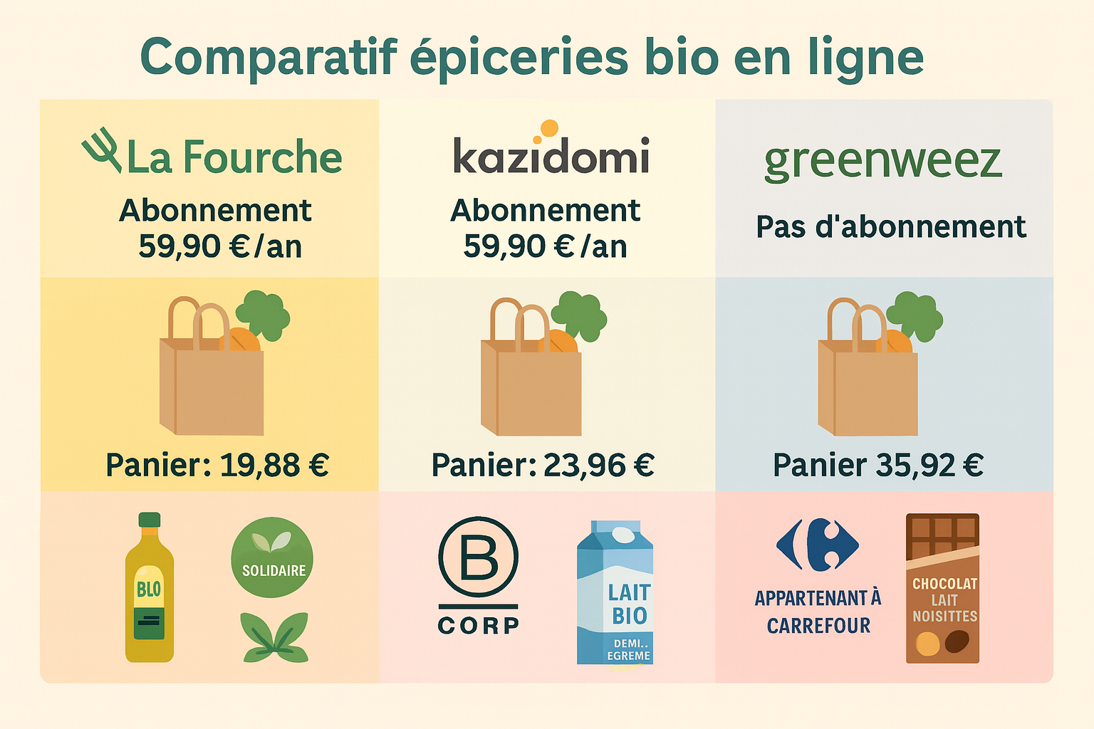 La Fourche, Kazidomi, Greenweez : le comparatif 2025 de l’épicerie bio en ligne