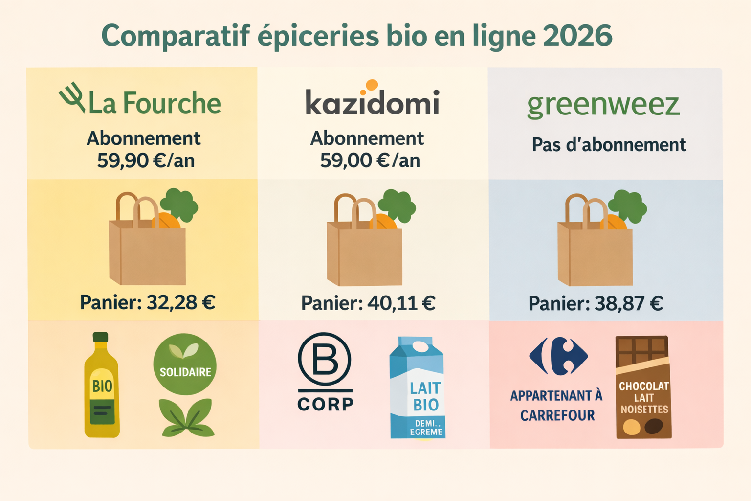 Comparatif La Fourche, Kazidomi, Greenweez 2026 : quelle épicerie bio en ligne choisir ?