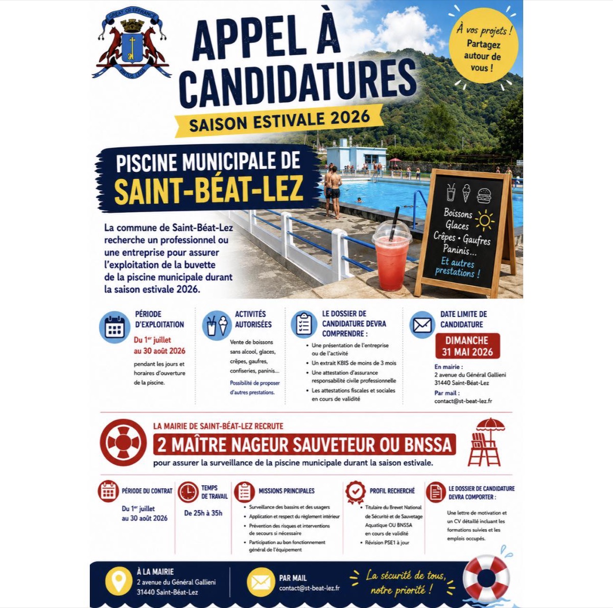 Saint-Béat-Lez recrute pour la saison 2026 : agent technique, maîtres-nageurs et exploitant pour la buvette