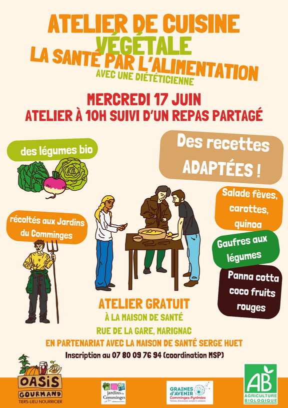 Atelier de cuisine végétale et bio à la Maison de Santé Serge Huet de Marignac mercredi 17 juin 2026 : les légumes des Jardins du Comminges au menu, dans la lignée des Rencontres au sommet sur les régimes végétariens de l'OTI Pyrénées 31 à Luchon