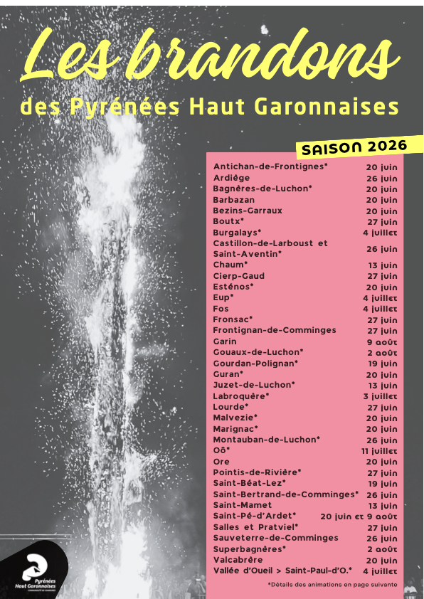 Calendrier officiel complet des brandons 2026 dans les Pyrénées Haut Garonnaises : 41 villages, dates, horaires et animations village par village (Communauté de communes Pyrénées Haut Garonnaises)
