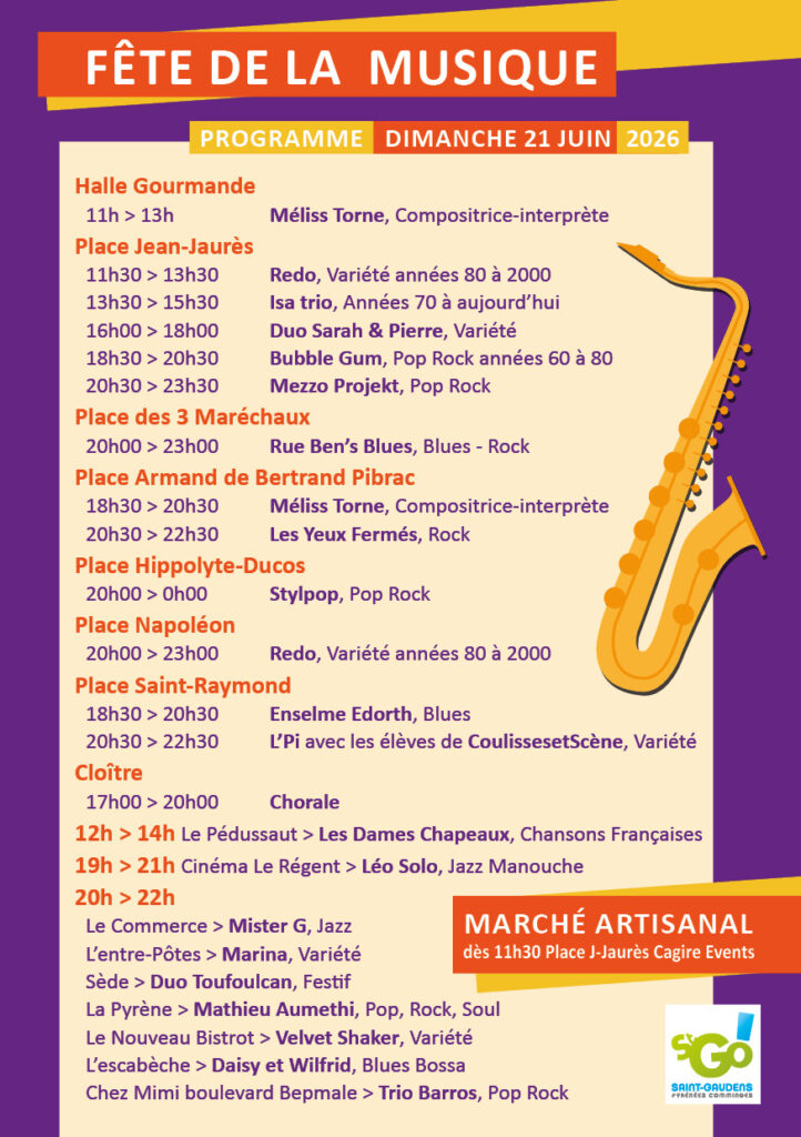Affiche Fête de la musique Saint-Gaudens 21 juin 2026