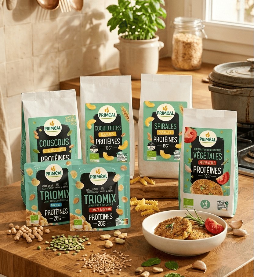 Gamme Protéines Priméal bio : pâtes, couscous, galettes et Triomix pour varier les apports végétaux au quotidien