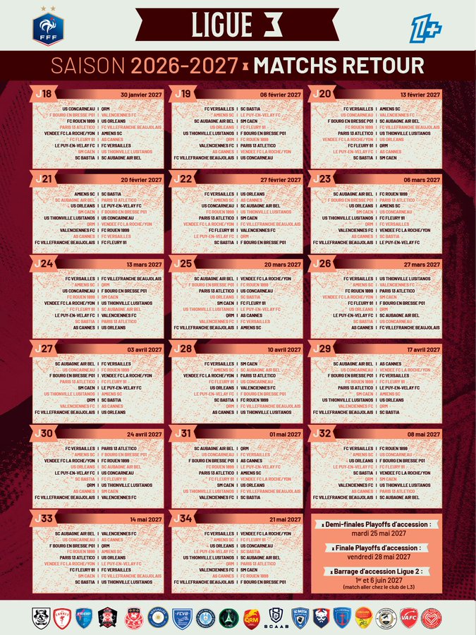 Calendrier des matchs retour de la Ligue 3 Betclic, saison 2026-2027.