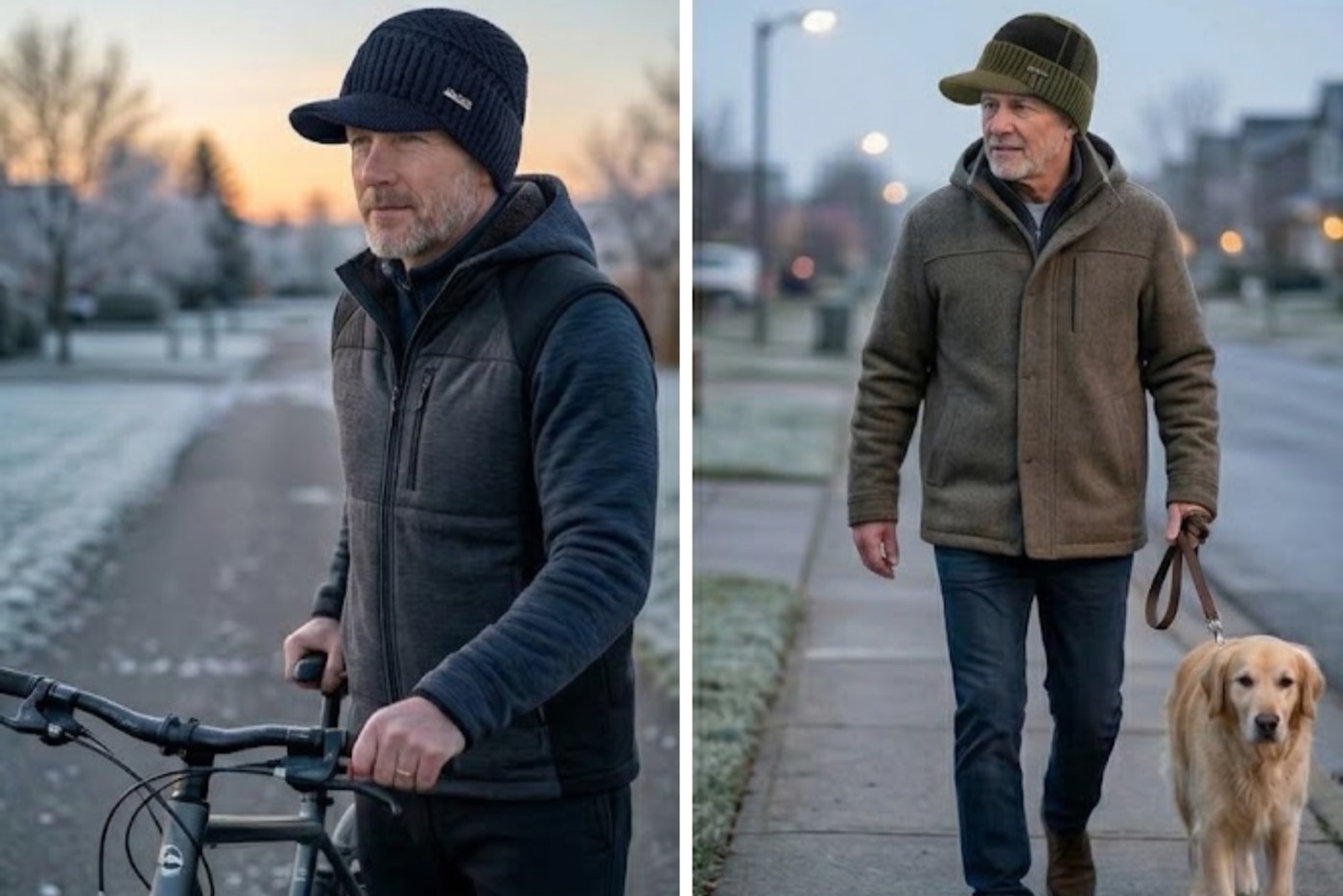 Deux hommes portent un bonnet casquette en hiver, l’un à vélo, l’autre en promenant son chien à l’aube