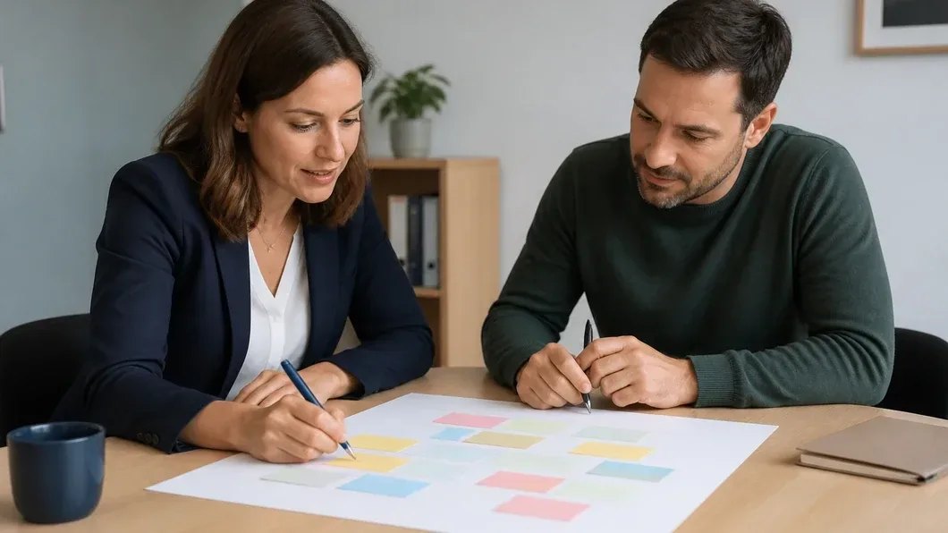 Deux personnes organisent un projet de formation à l'aide de notes de couleur