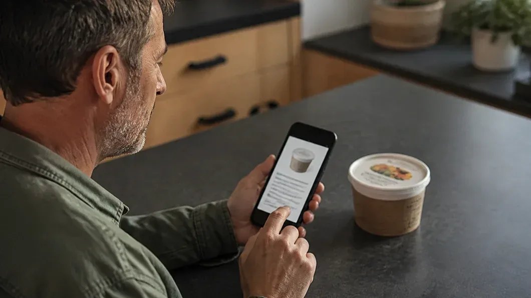 Une personne compare un avis de rappel affiché sur son téléphone avec un produit