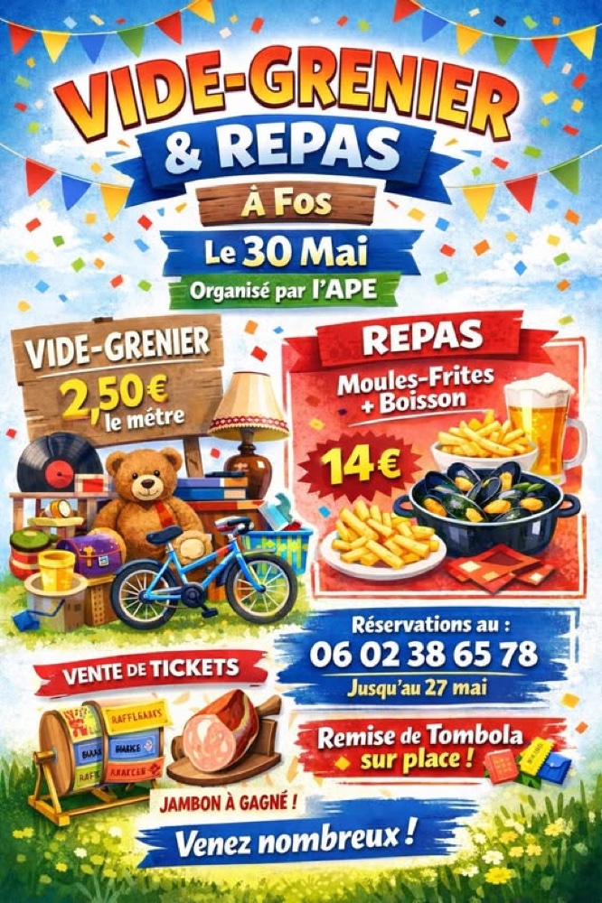 Vide-grenier et repas moules-frites à Fos, samedi 30 mai 2026